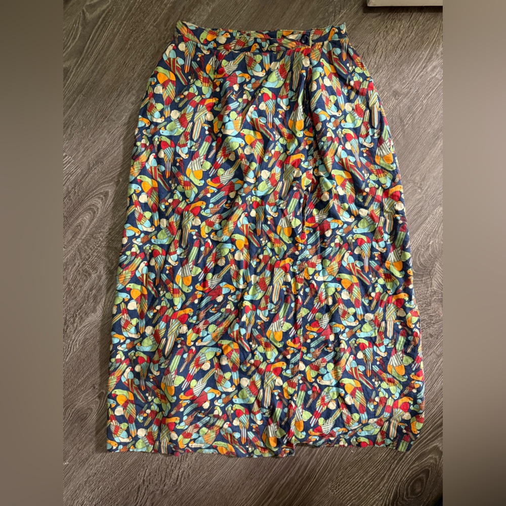 RARE Vintage 90's Terry Lewis Parrot Print Linen Blend Midi Skirt